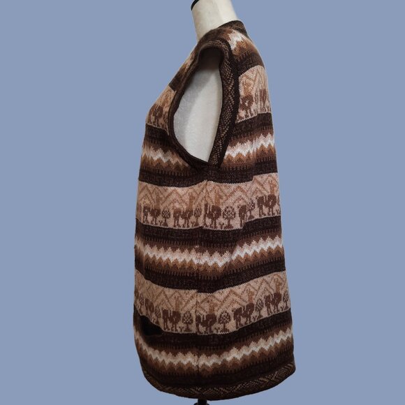Alpaca Fina Long Sleeveless Cardigan Peruvian Sweater Vest Brown Beige Size M - Picture 5 of 10